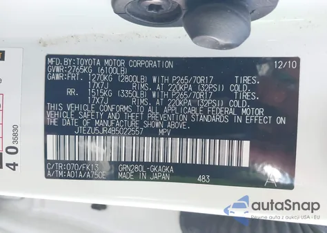 2011 Toyota 4Runner Sr5 V6 from USA, damaged, VIN JTEZU5JR4B5022557